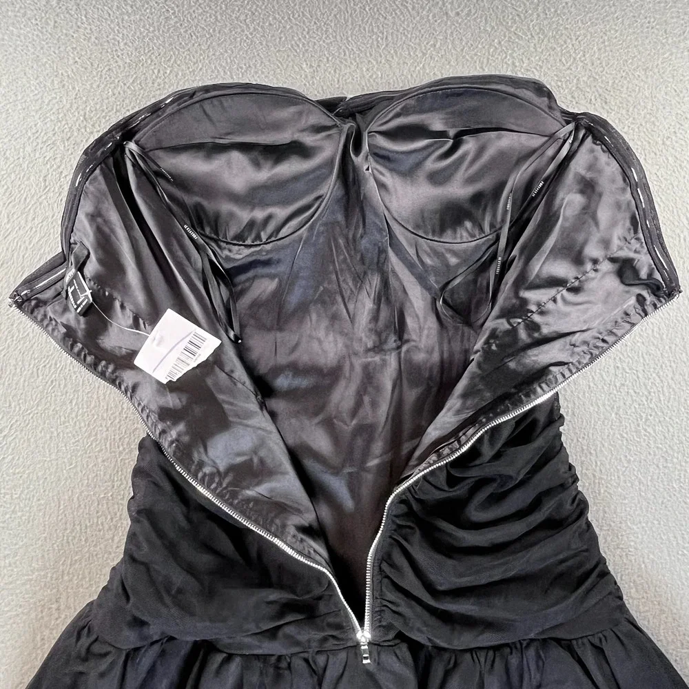 Forever 21 Women Mini Dress Black Nylon Ruched Large Y2K Party Bodycon Strapless